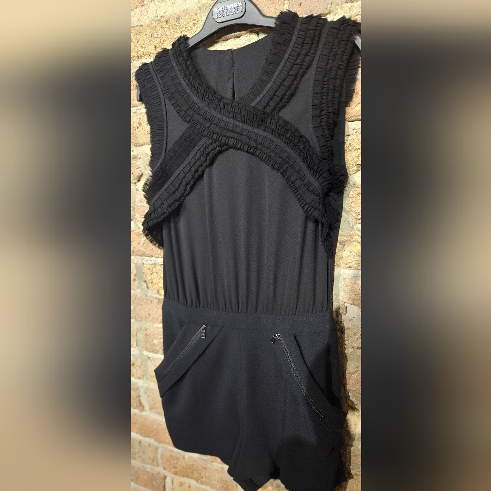 BCBGMaxAzria black Lexxi sleeveless ruffle-trim romper - Picture 4 of 6